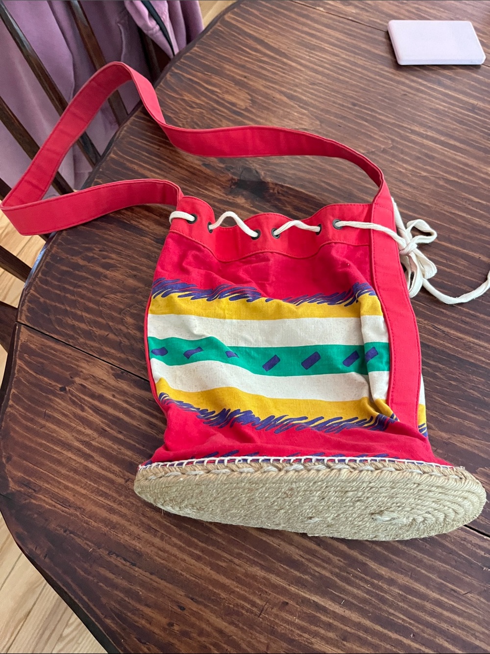 Biarritz Vintage Red Striped Canvas Crossbody Bucket Bag with Rope Drawstring